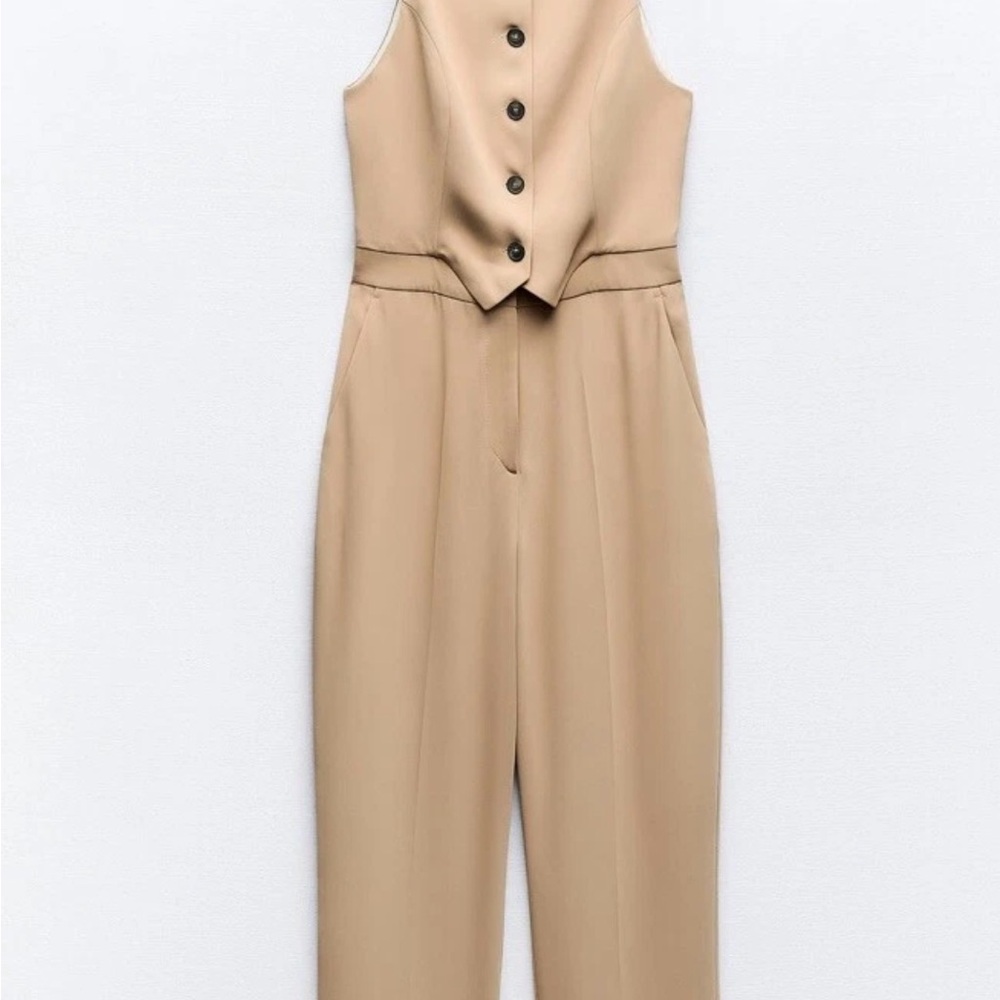 Zara Sleeveless Tan Jumpsuit with Buttoned Bodice